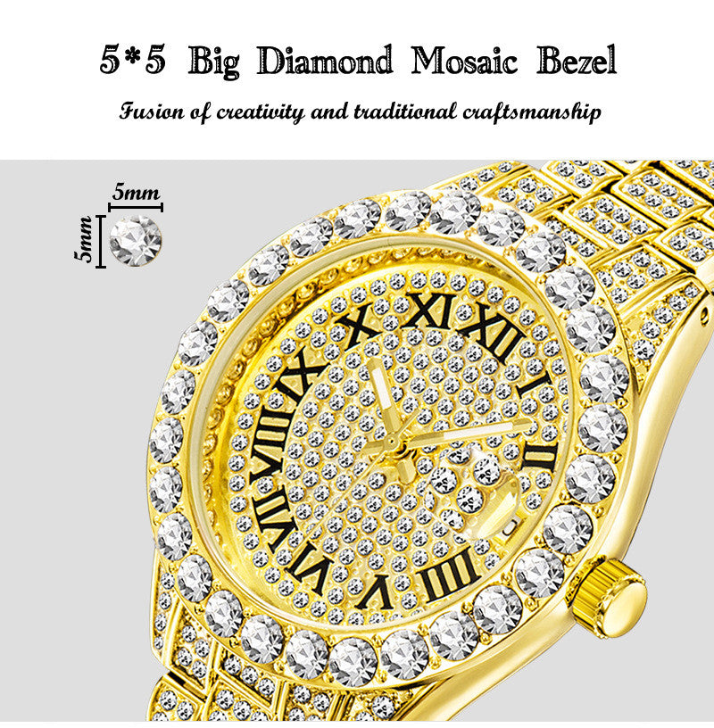 Diamond Inlaid Waterproof Calendar Full Bore Luminous Women's Quartz Watch - Dazpy