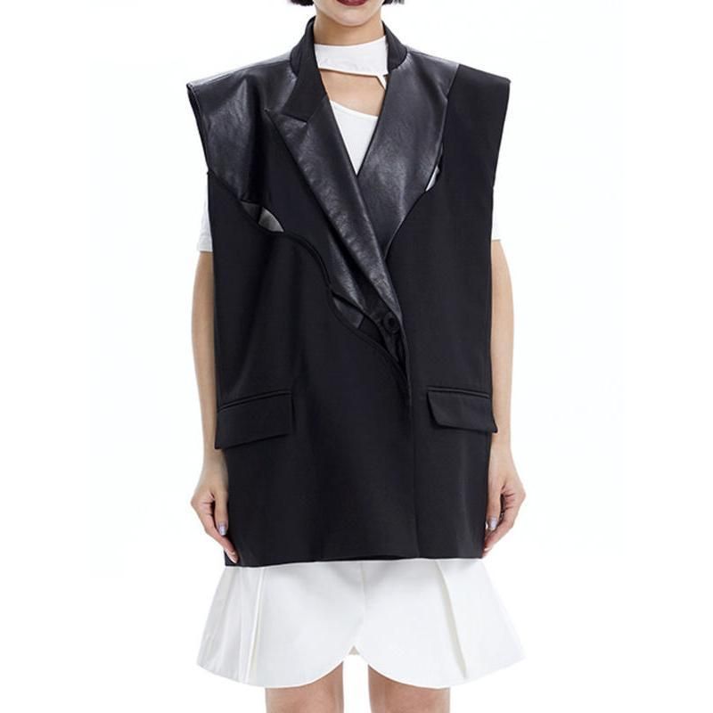 Chic Wide-Shoulder V-Neck PU Leather Patchwork Waistcoat