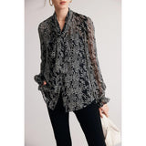 Elegant Black Printed Silk Blouse with Bow Collar