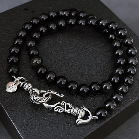 Obsidian Pearl Stone Beaded Dragon Pattern Hook Buckle Necklace - Dazpy