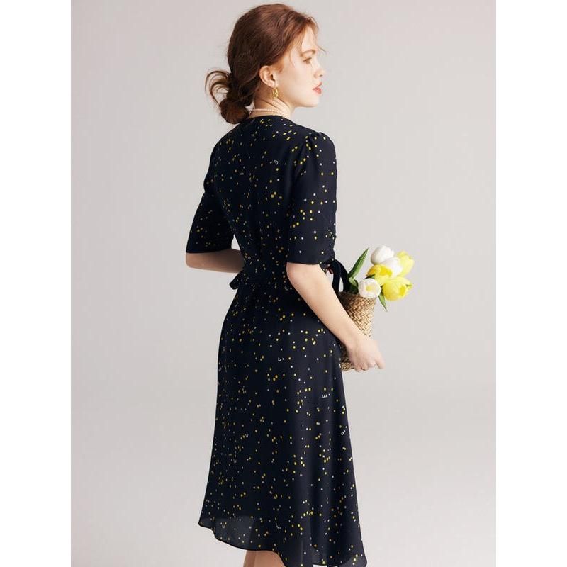 Black Polka Dot Silk Wrap Dress