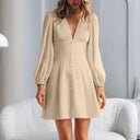 Khaki V-Neck Chiffon Long-Sleeve A-Line Dress