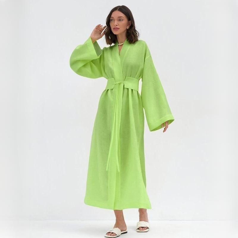 Elegant Cotton Linen Long Dress with Belt