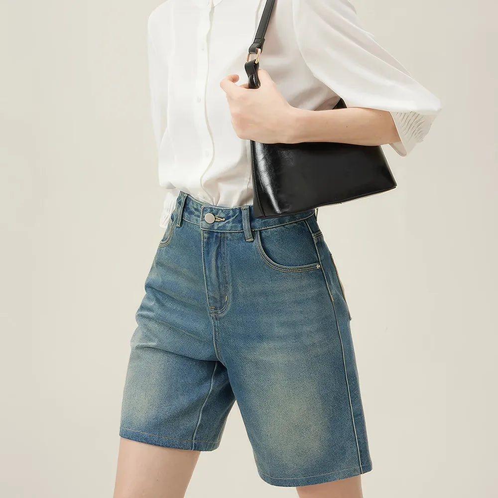 Jeansshorts mit hoher Taille und verwaschenem Vintage-Look