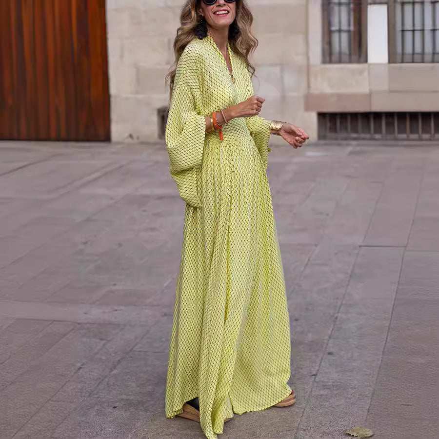 Vestido largo con escote en V y mangas murciélago, vestidos de moda holgados y ajustados con mangas largas para mujer