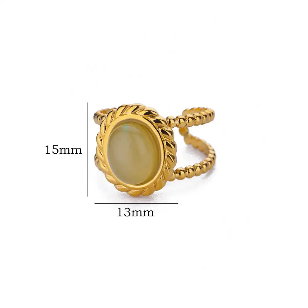 Anillos de ópalo blanco natural para mujer: banda clásica de acero inoxidable color dorado con piedra redonda para pareja