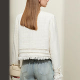 Minimalist Tweed Short Jacket with Tassel and Pleated Cuffs