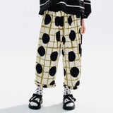 Green Plaid & Black Wave Dot Elastic Waist Wide Leg Pants for Women