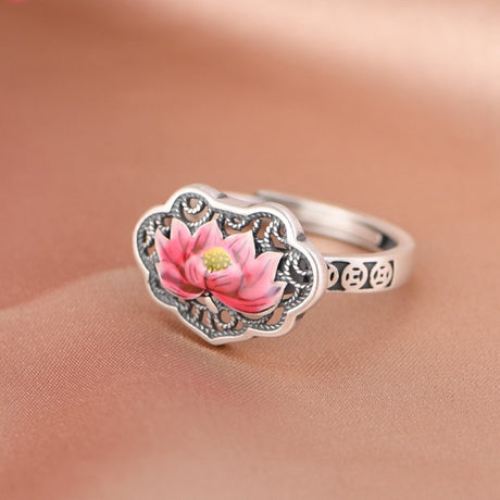 Retro Retro Hollow-out Ruyi Cloisonne Lotus Open Ring - Dazpy