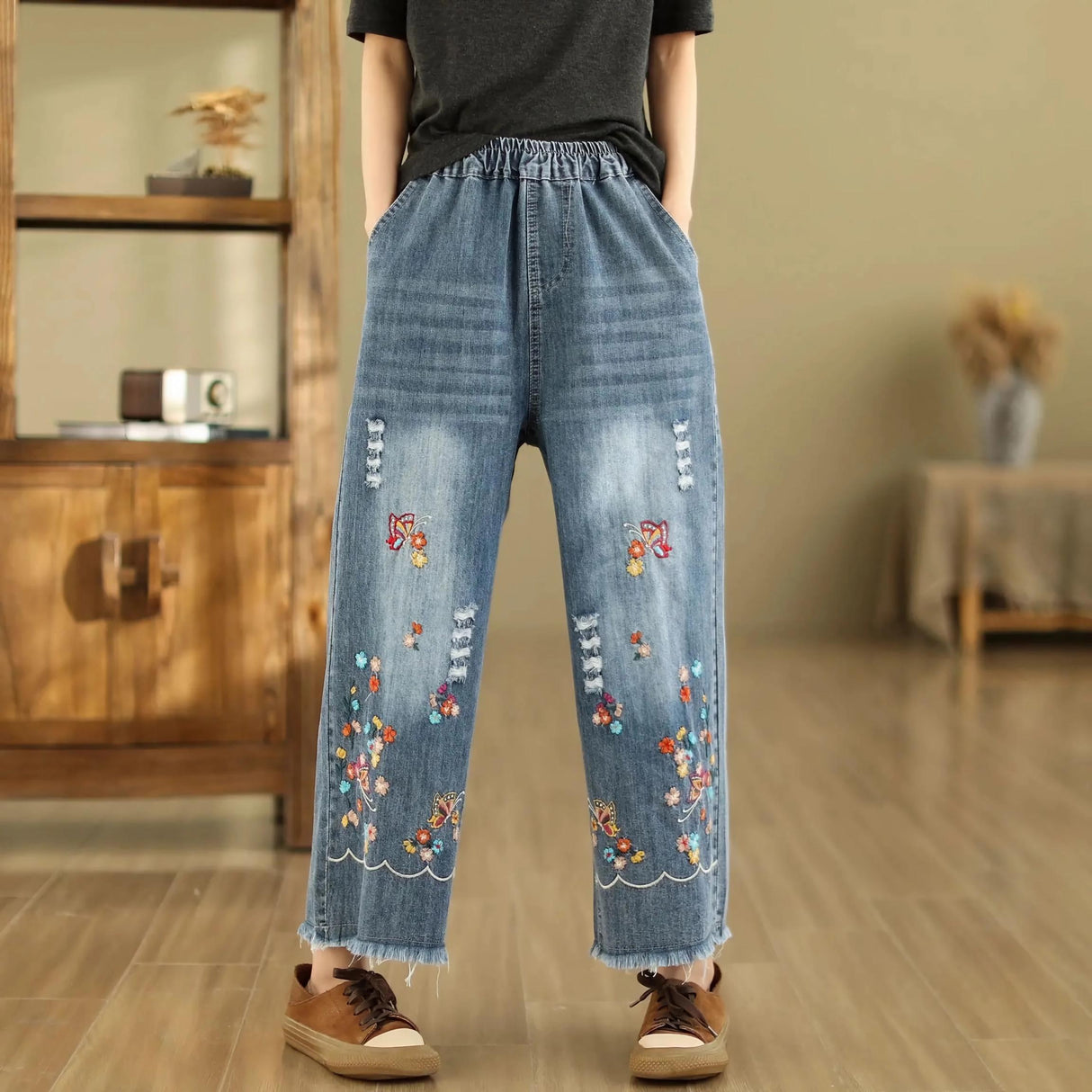 Boho Style Embroidered Wide Leg Denim Pants