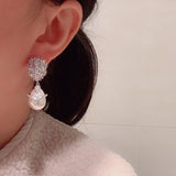 Super Sparkling Balloon S925 Silver Needle One Piece Dress Wave Elegant Drop Pearl Earrings - Dazpy