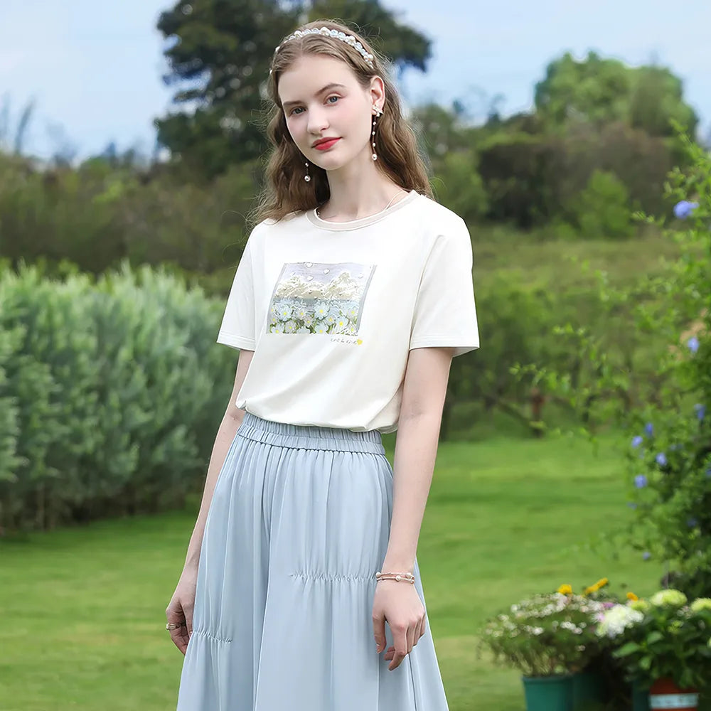 Camiseta con estampado de aceite de algodón fresco para mujer