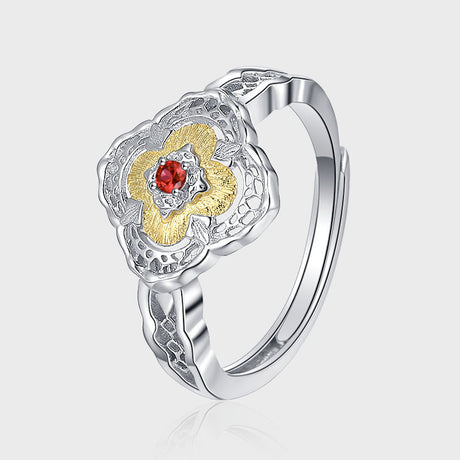 S925 Sterling Silver Gold Petal Ring Elegant Light Luxury Design With Red Zircon All-match Simple - Dazpy