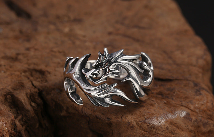 925 Sterling Silver Ornament Men's Personality Hollow Out Dragon Open Ring Thai Silver Retro Hipster Ring - Dazpy