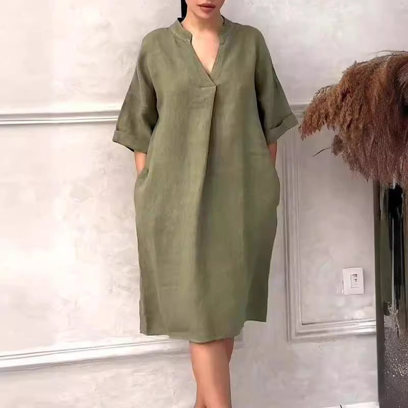 Vestido holgado de talla grande con escote en V y lino de algodón a la moda para mujer