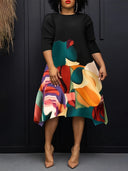 Women's Abstract-Print Three-Quarter-Sleeve Midi Dress