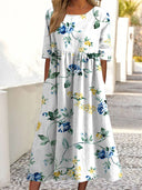 Vestido largo estampado de manga corta para mujer con bolsillos