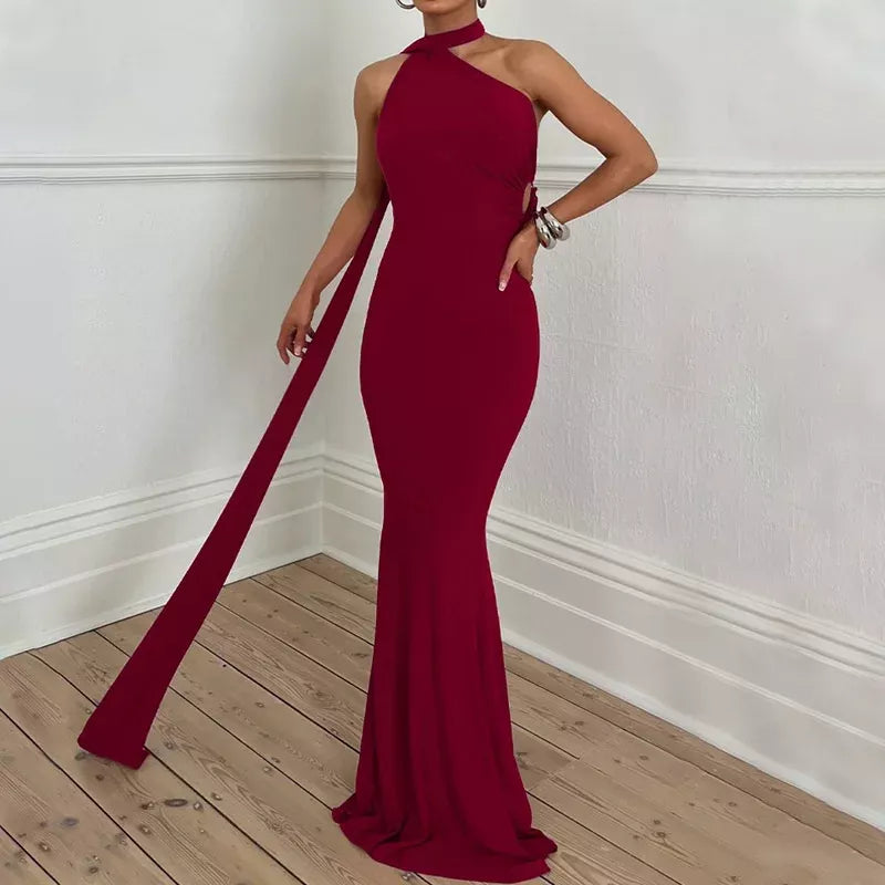 Townlike Inclined Shoulder Elegant Maxi Long Dress