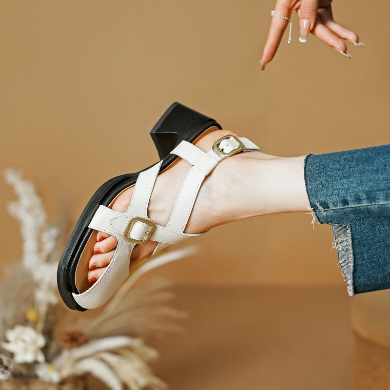 Summer Retro Square Heel Leather Sandals for Women