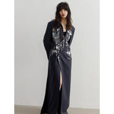 Women's Navy Irregular Slit Long Blazer