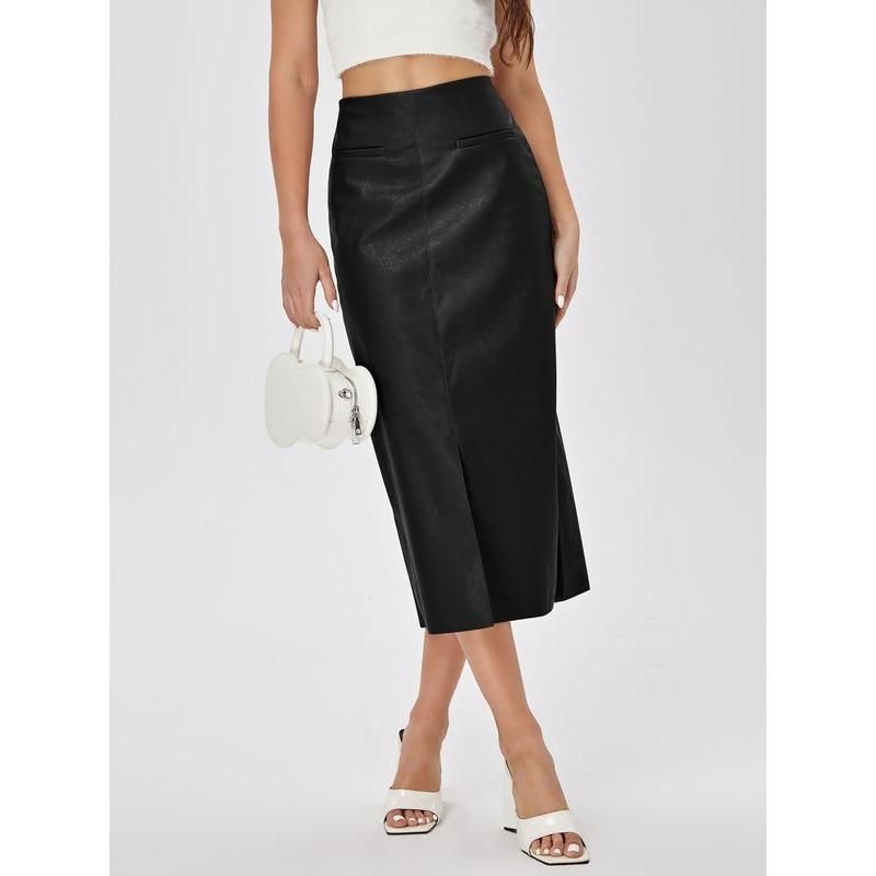 Elegant High-Waist Faux Leather Straight Skirt