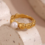 Anillo de perlas con ondas de encaje, chapado en oro de 18 quilates, joyería de acero inoxidable resistente al agua