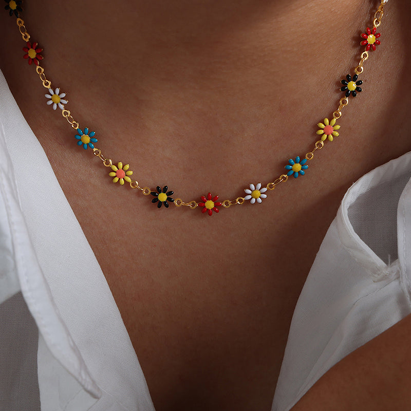 Conjunto de joyería de acero inoxidable con flores bohemias, combinación de collar y pulsera coloridos para mujer