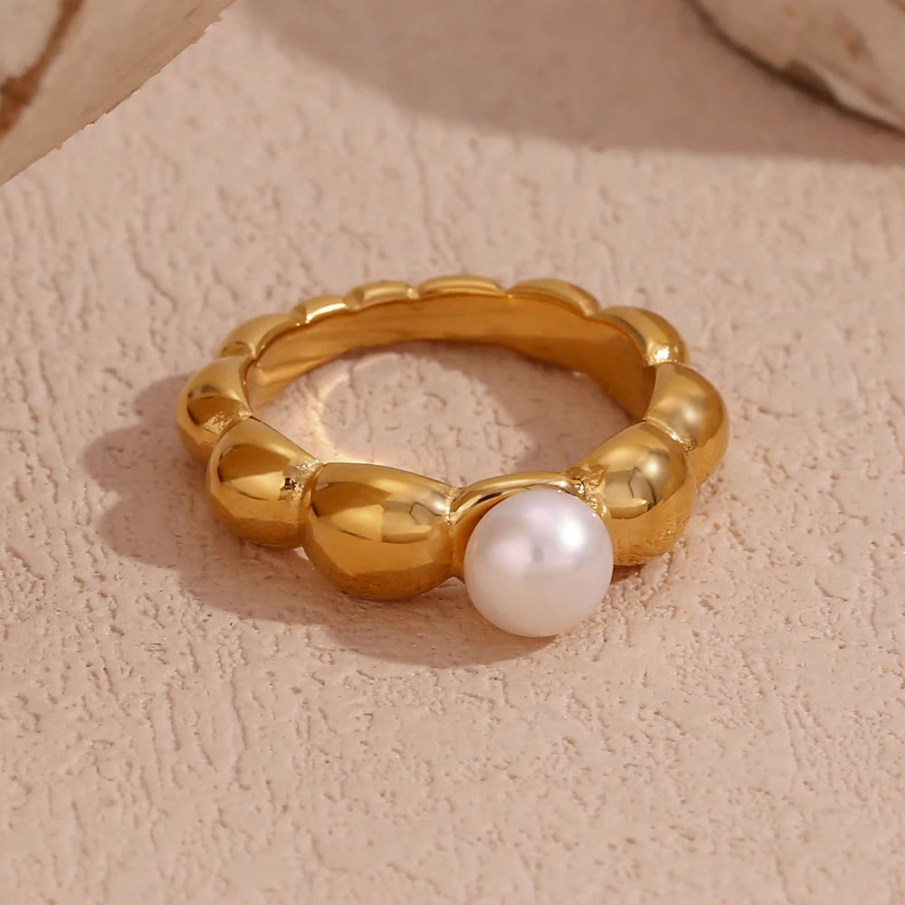 Anillo de perlas con ondas de encaje, chapado en oro de 18 quilates, joyería de acero inoxidable resistente al agua