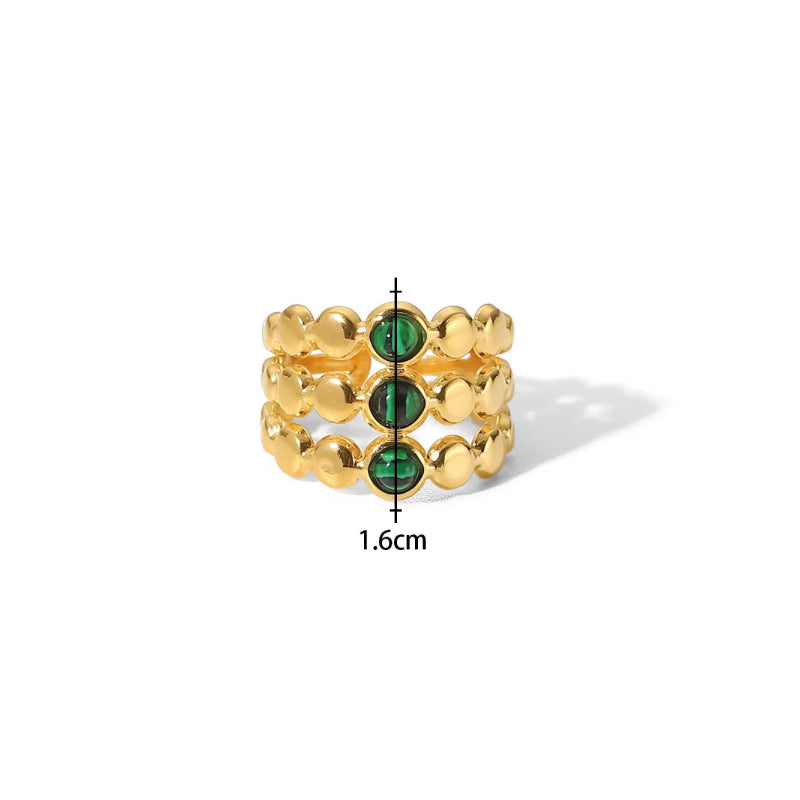 Anillo ajustable de triple capa de malaquita verde bañado en oro de 18 quilates