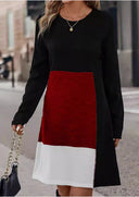 Women's Colour-Block Long-Sleeve A-Line Dress