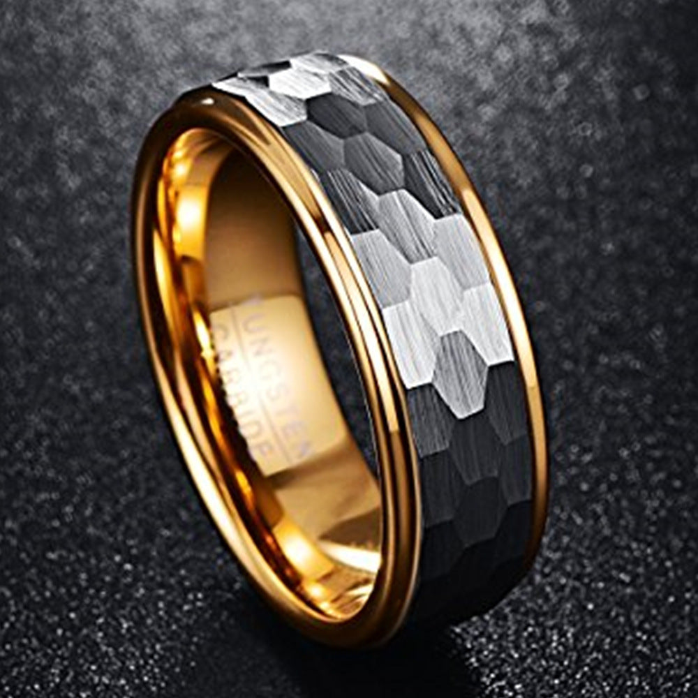 8MM Wide Silver Gray Frosted Hexagonal Gold-plated Inner Ring Tungsten Ring - Dazpy