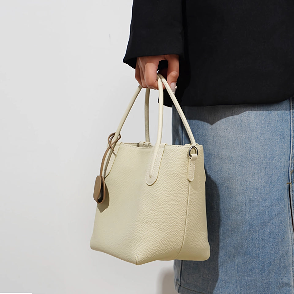 Bolso estilo cubo retro de piel auténtica para mujer: bolso de mano informal tipo bandolera o de hombro