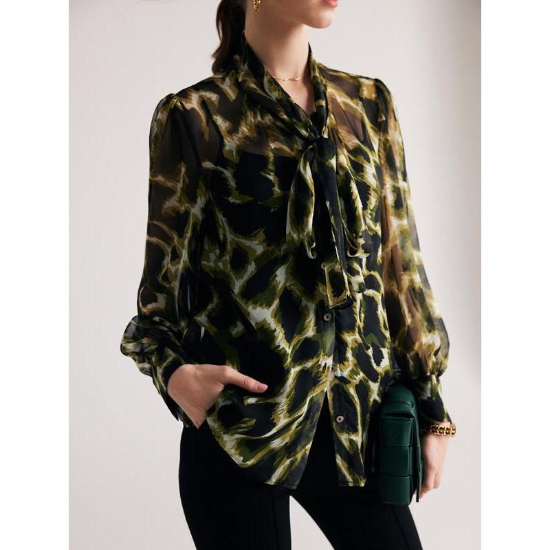 Chic Silk Blend Camouflage Bow Collar Blouse