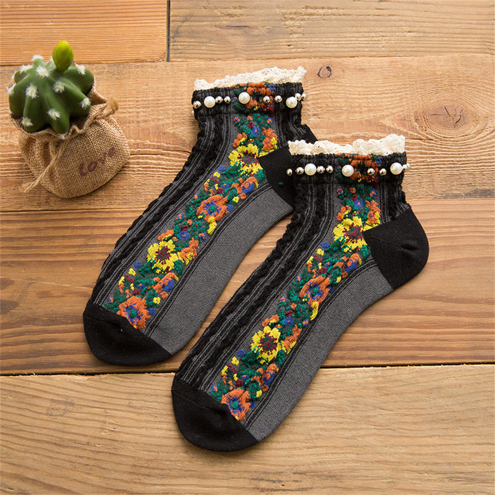 Retro Lolita Floral Pearl Ankle Socks