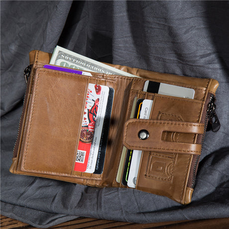 Oil Wax Leather Wallet Anti-Theft Short Men's Wallet Double Zipper Large Capacity Wallet - Dazpy