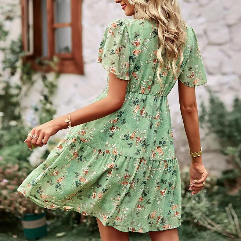 Elegantes Chiffon-A-Linien-Kleid mit V-Ausschnitt und weiten Ärmeln für Frühling und Sommer