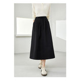 Elegant Black Cotton Midi Skirt with Pockets