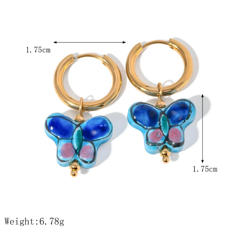 18K Gold Plated Stainless Steel Blue Flower Butterfly Ceramic Stud Earrings