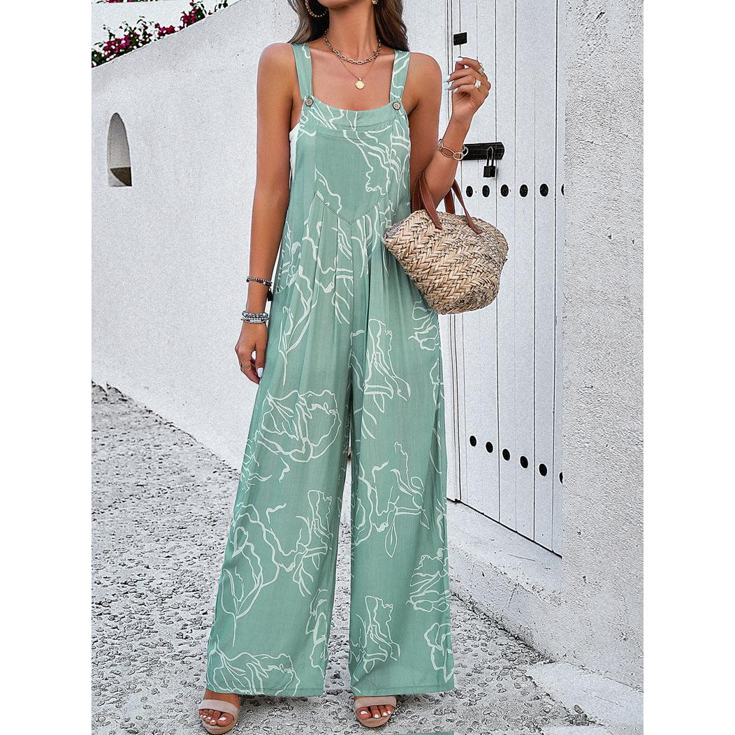 Elegant Wide-Leg Jumpsuit with Geometric Print and Suspenders