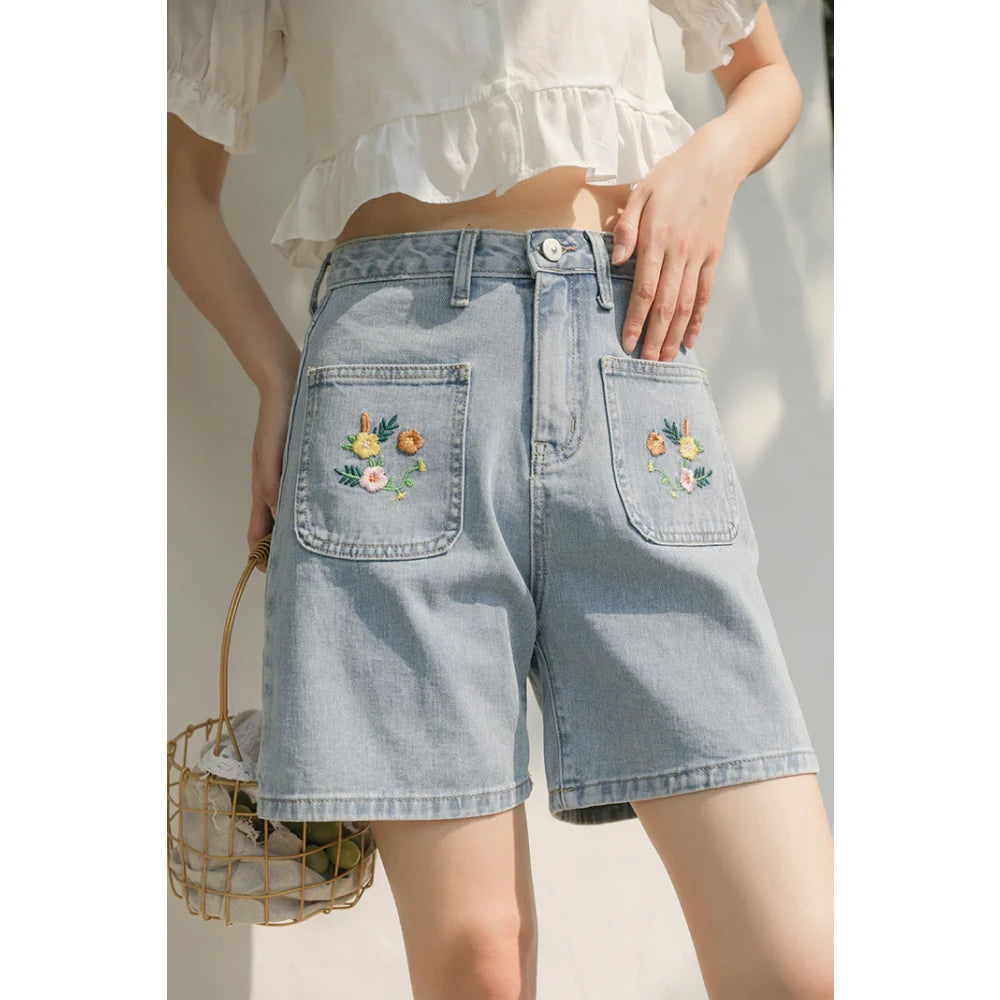 Light Blue Embroidered Denim Shorts for Women