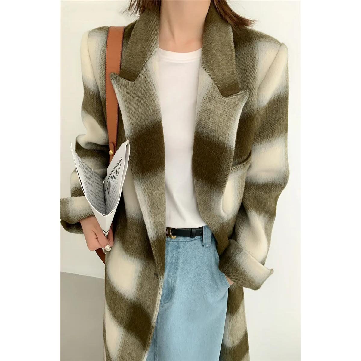 Elegant Plaid Double Breasted Long Woolen Coat for Women