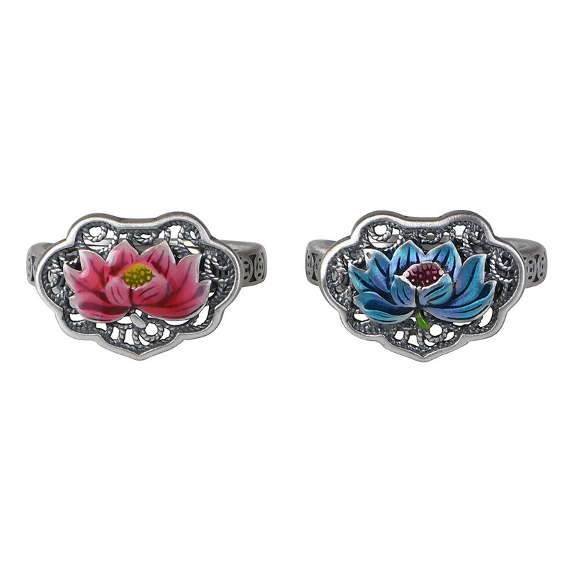 Retro Retro Hollow-out Ruyi Cloisonne Lotus Open Ring - Dazpy