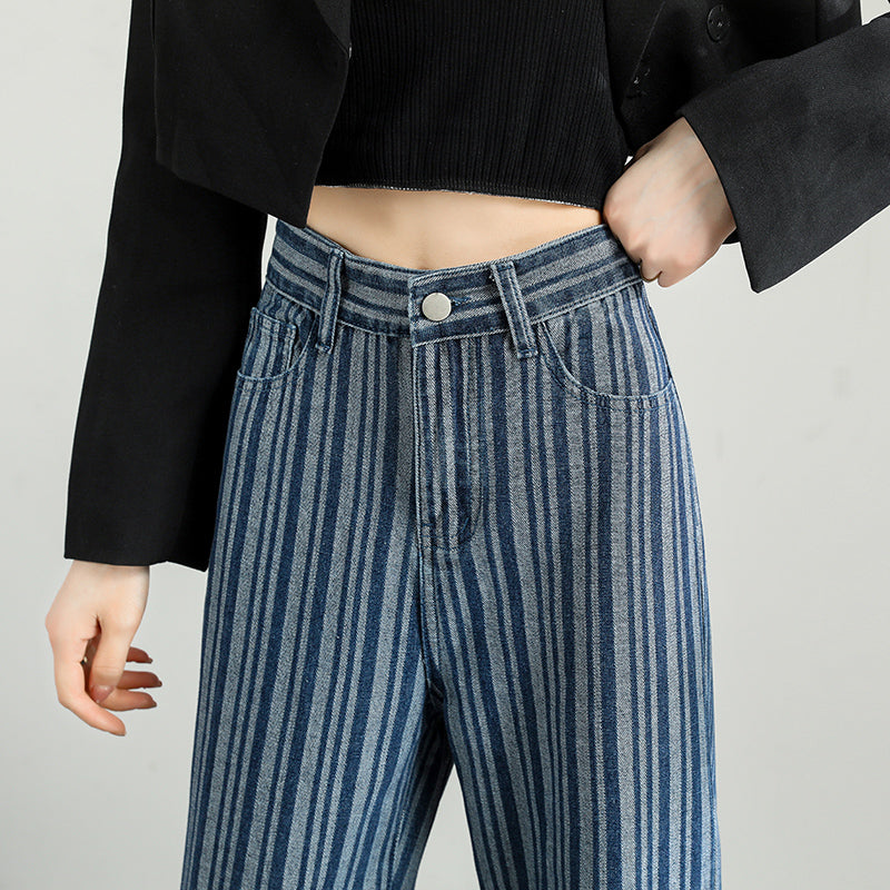 High-Waist-Jeans mit weitem Bein und Streifen für Damen – modische Streetstyle-Hose