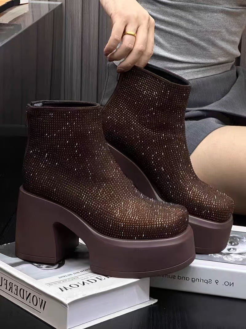 Botines de tacón grueso con plataforma y diamantes de imitación estrellados