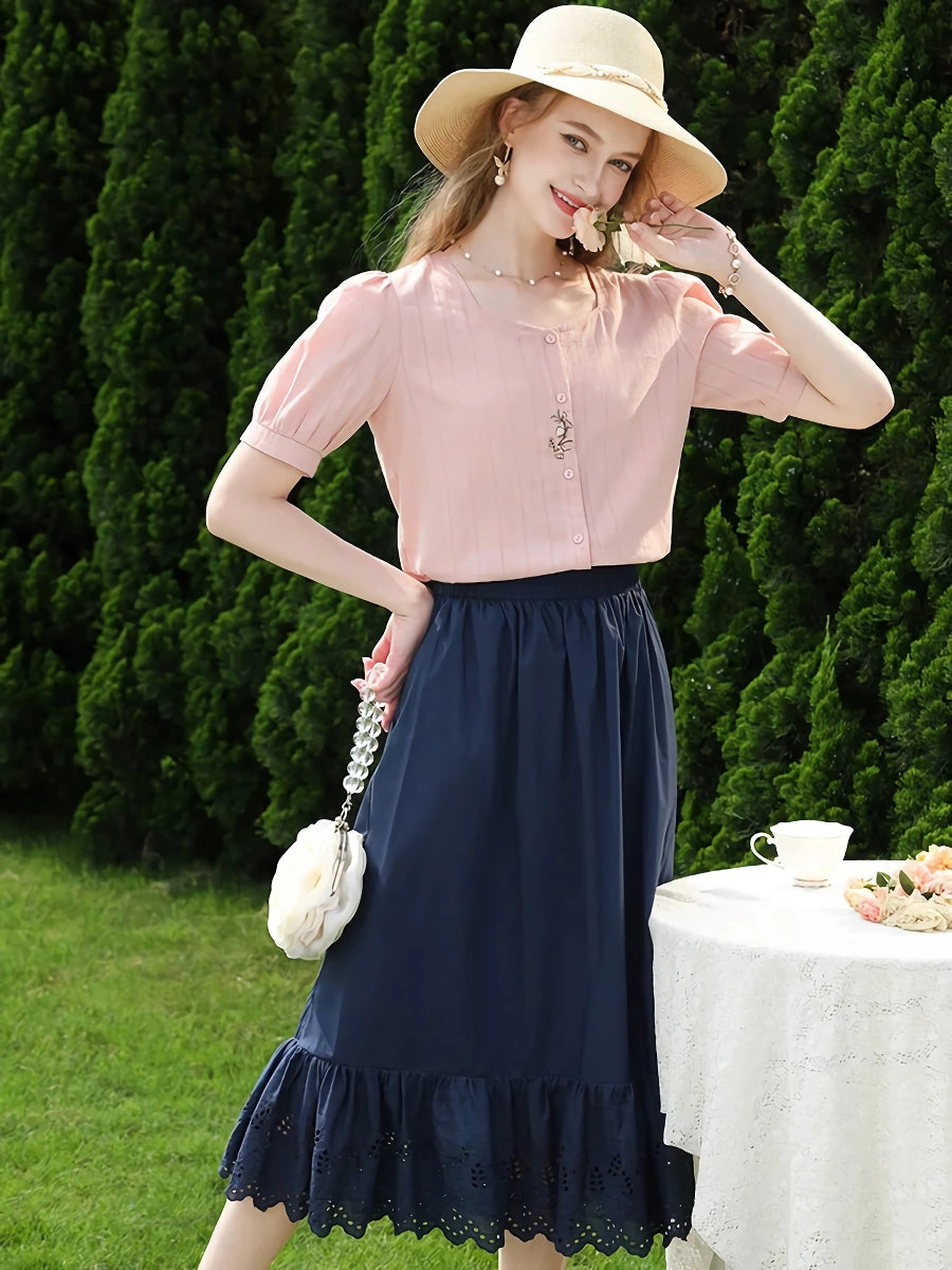 Blue High Waist A-line Cotton Lace Summer Skirt