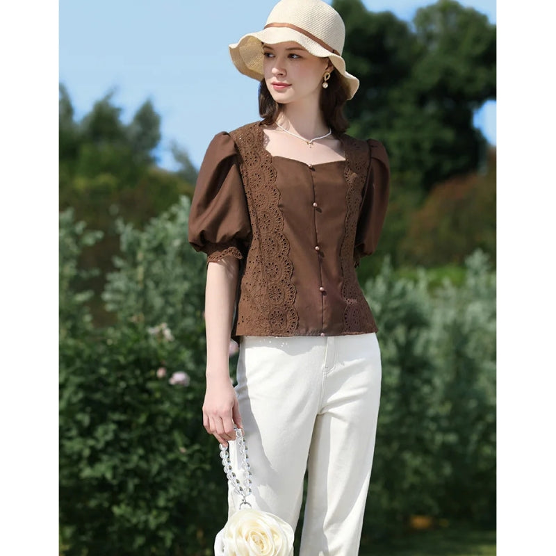 Französische Vintage Bluse mit eckigem Ausschnitt