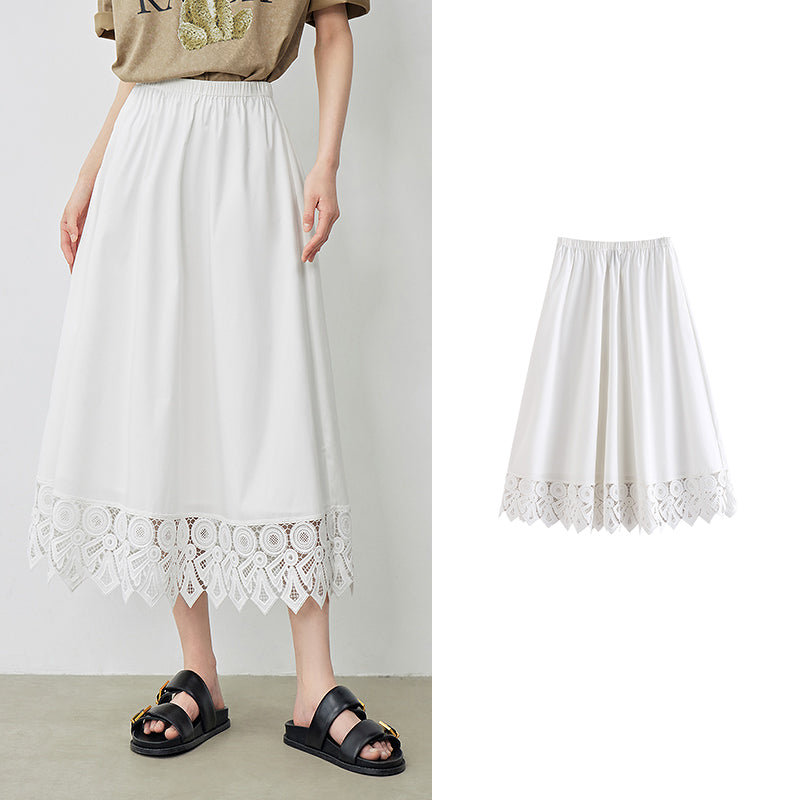 Elegant Lace Spliced Mid-Calf A-Line Skirt for Women