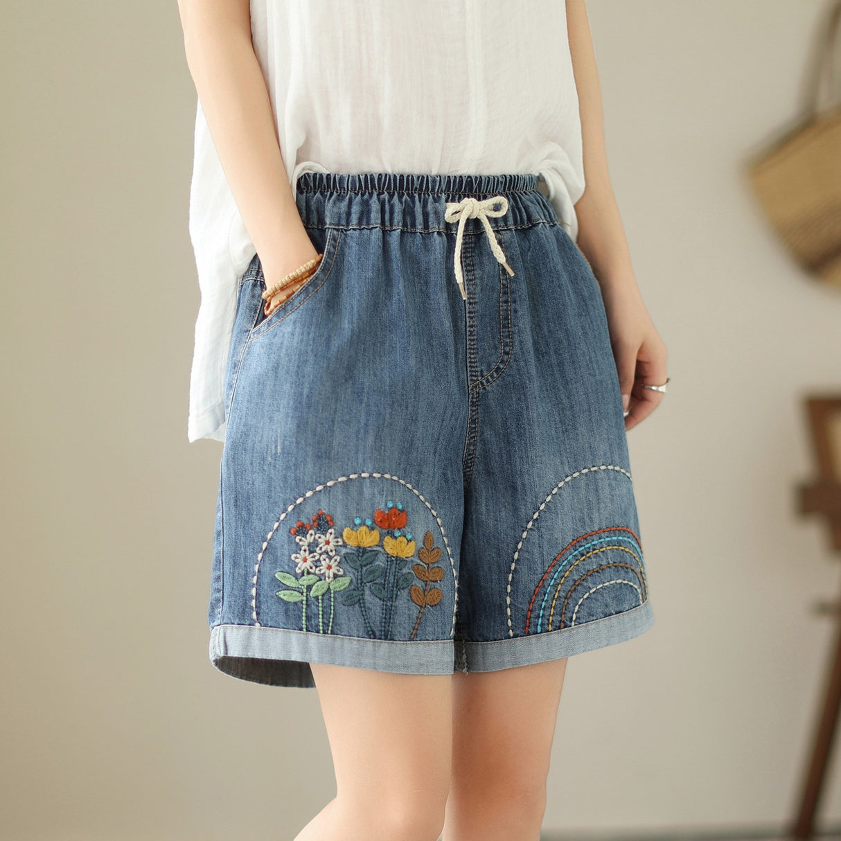 Floral Embroidered Denim Harem Shorts