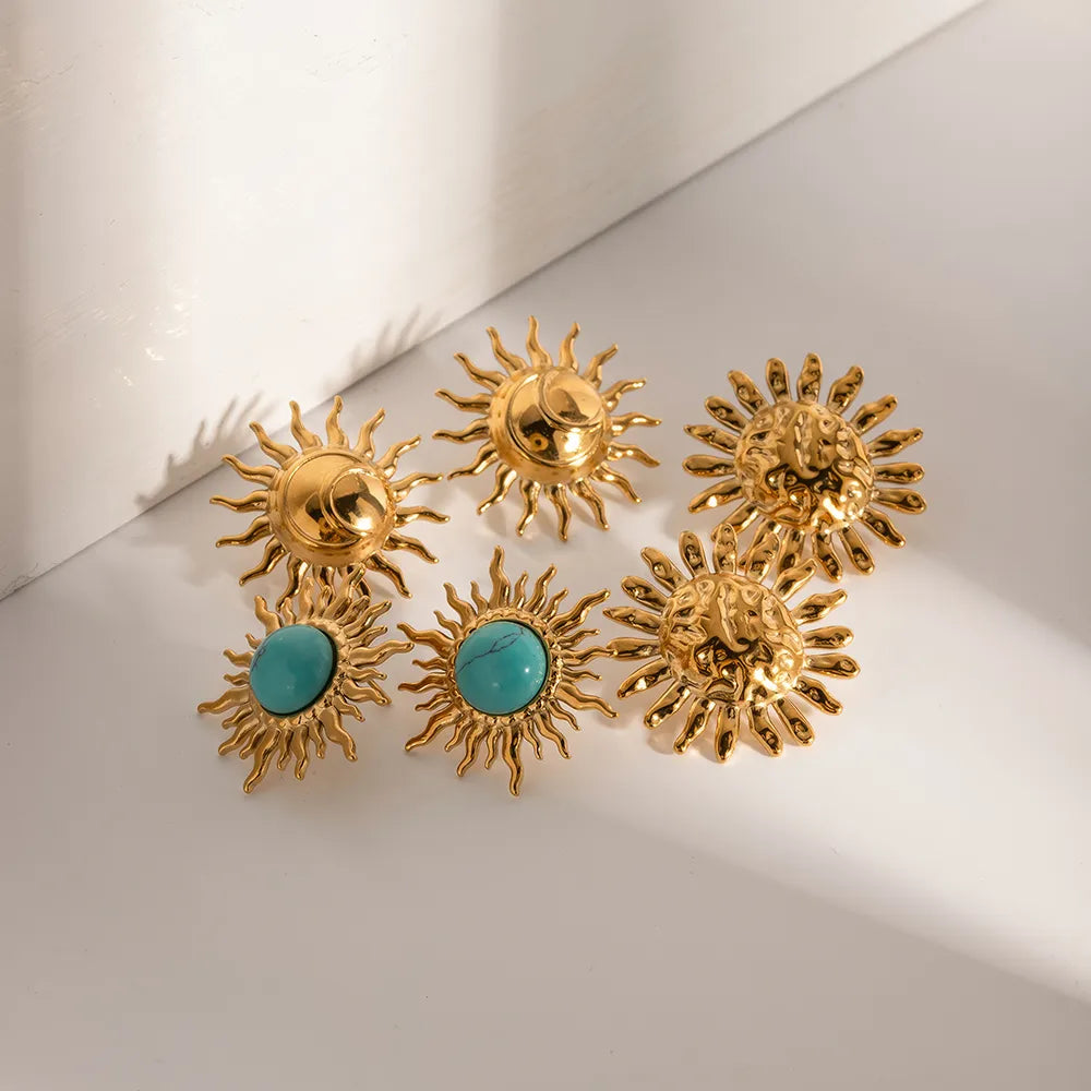 Gold Plated Turquoise Inlay Sunflower Dangle Earrings