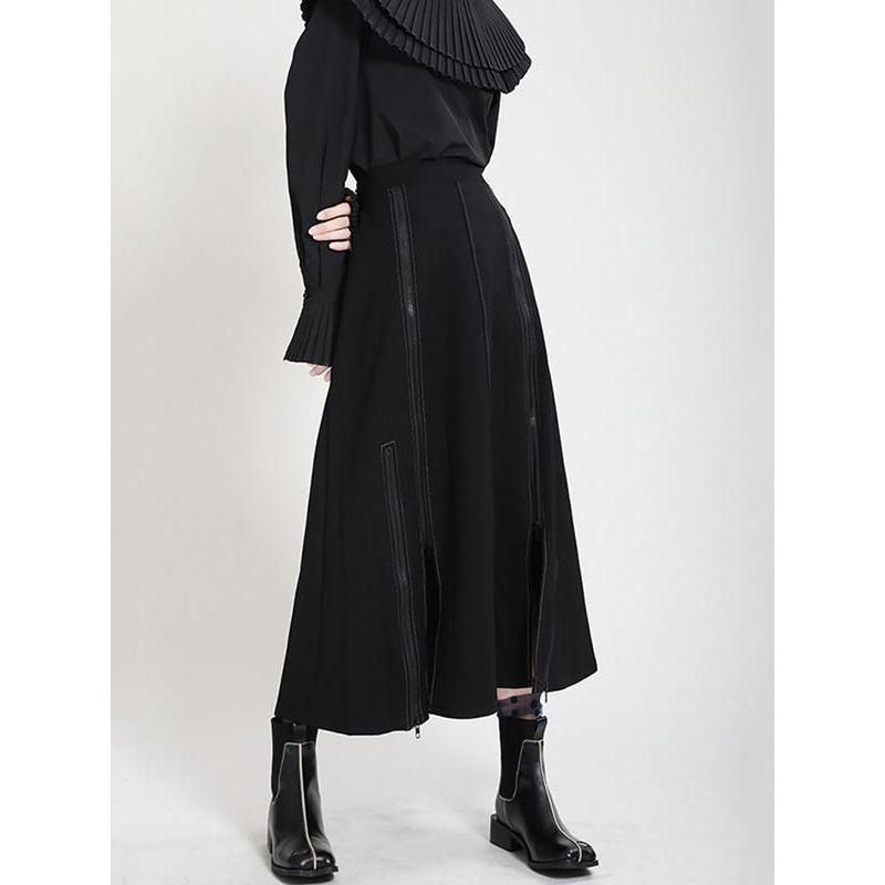 Chic Black Mid-Calf Casual Skirt with Elastic Waist and Side Slit